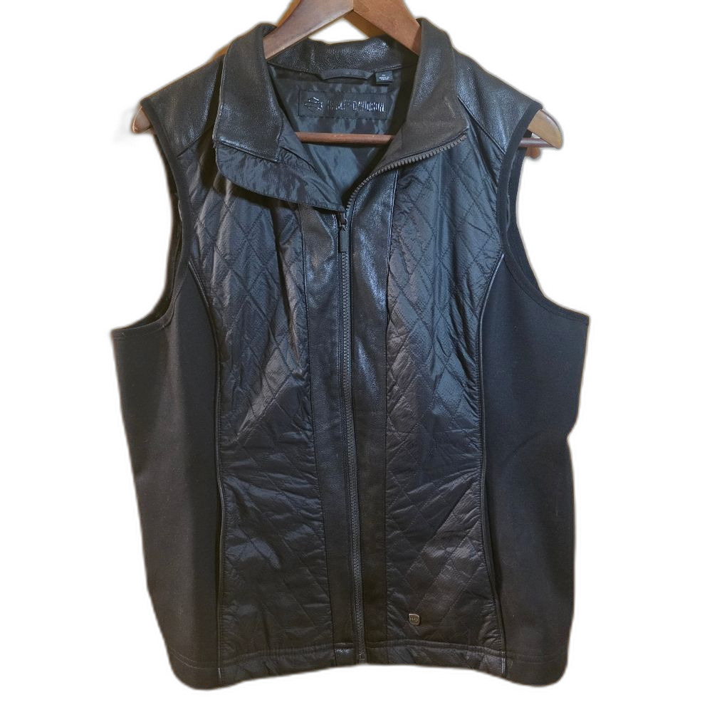Harley-Davidson Women's XL Quilted Black Faux Leather Vest Bikercore Ripstop